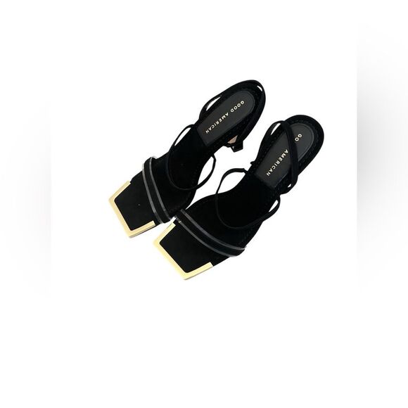 GOOD AMERICAN Velvet Strappy Heels Gold Square Toe Accent - Picture 1 of 7